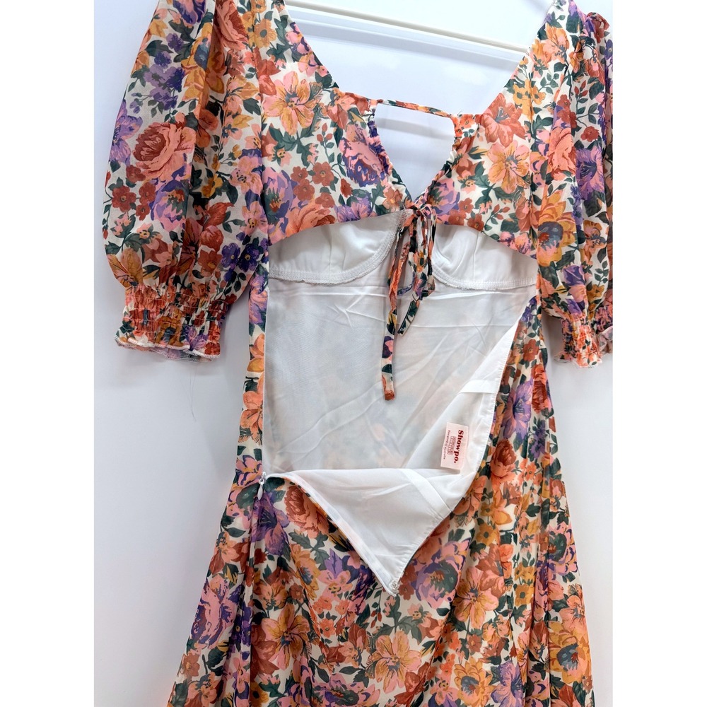 Showpo Floral Puff Sleeve Cut Out Mini Dress Sz US 2 Garden Party Euro Summer - Picture 6 of 10